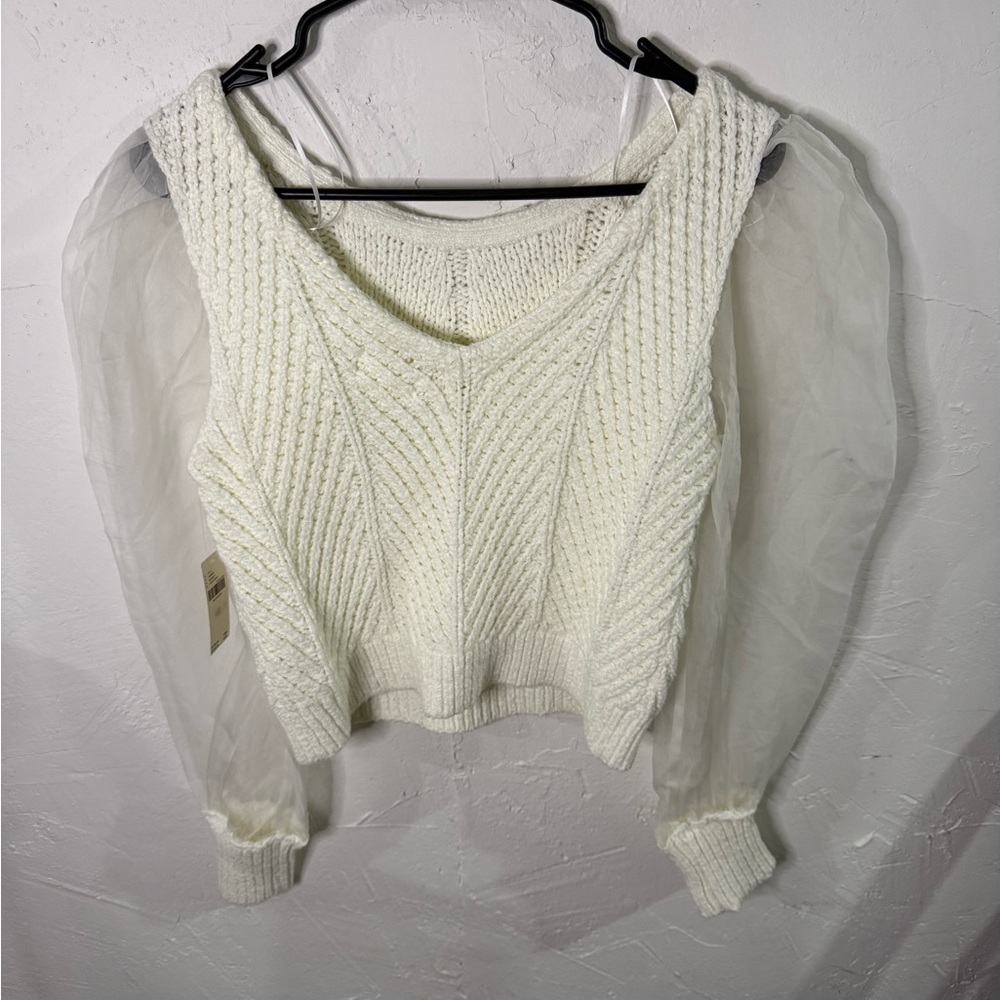 Anthropologie Cream Knit Sweater with Sheer Sleeves